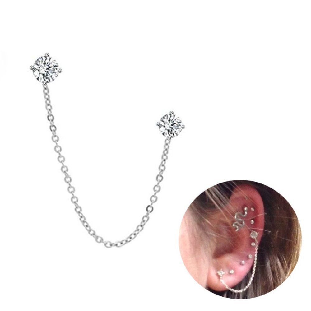 Crystal Chain Stud Sterling Silver Cartilage Double Piercing Climber Earring NEW